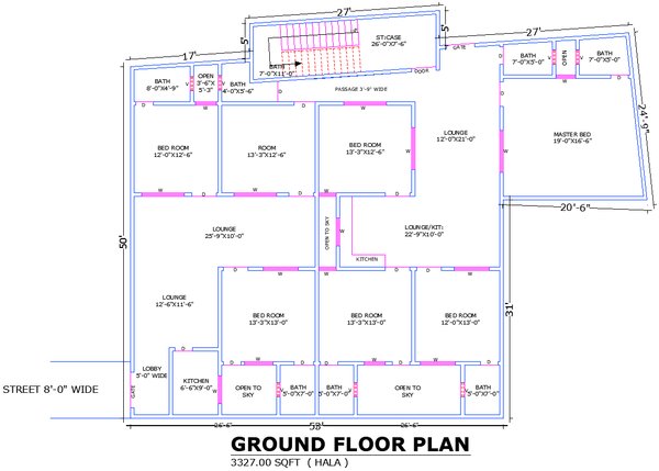 House AutoCAD File Plan with Bedrooms Lounge Kitchen and Baths