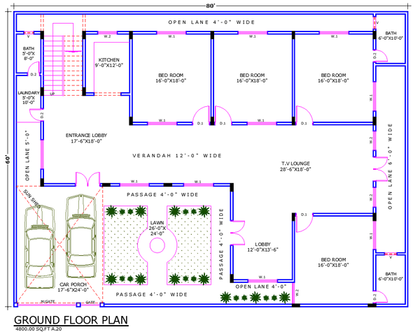 Large House AutoCAD DWG Plan with Bedrooms Lounge Kitchen Lawn