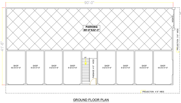 Multi-Floor AutoCAD Building Plan with Shops and Residential Layout