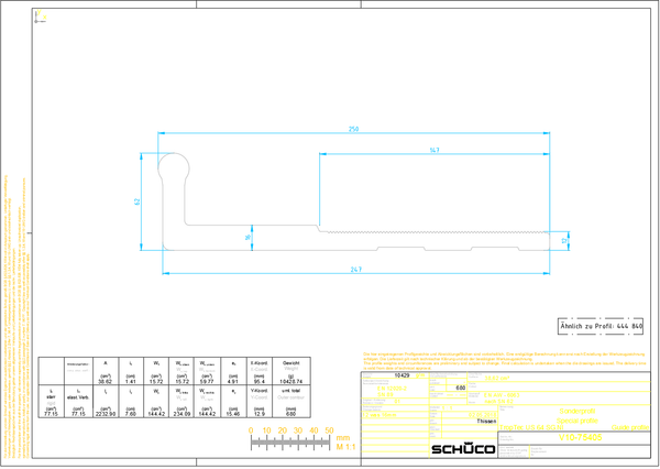 Aluminium guide profile CAD drawing V10 75405 with 250 mm size