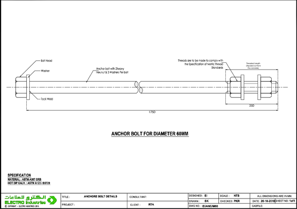Anchor Bolt 60mm Diameter Details Drawing With 1750mm Length