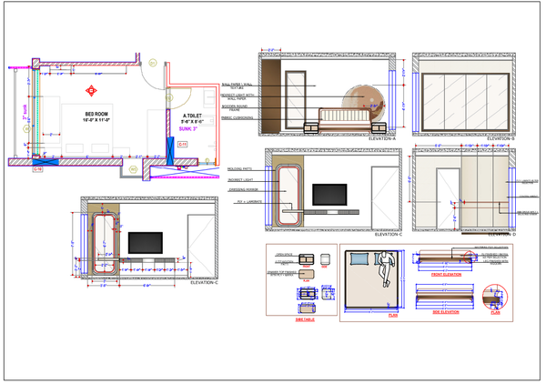 Bedroom Interior DWG with Toilet Layout Elevations and Furniture Plan