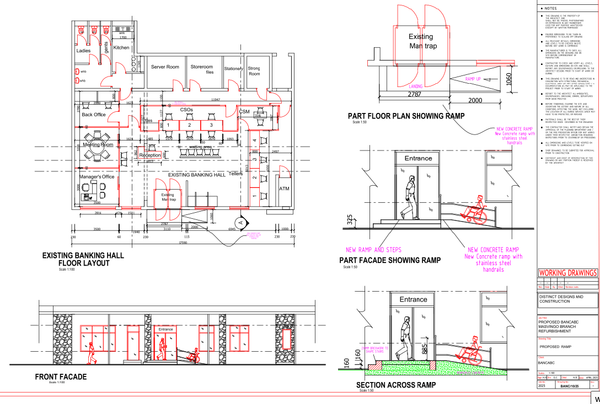 Existing Banking Hall Floor Layout With Ramp Facade And Section