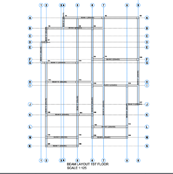 First Floor RCC Beam Layout Drawing With Structural Grid Details