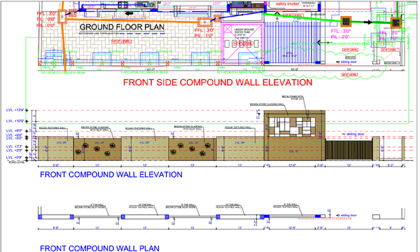 Front Compound Wall Plan and Elevation with Levels and Gate Details