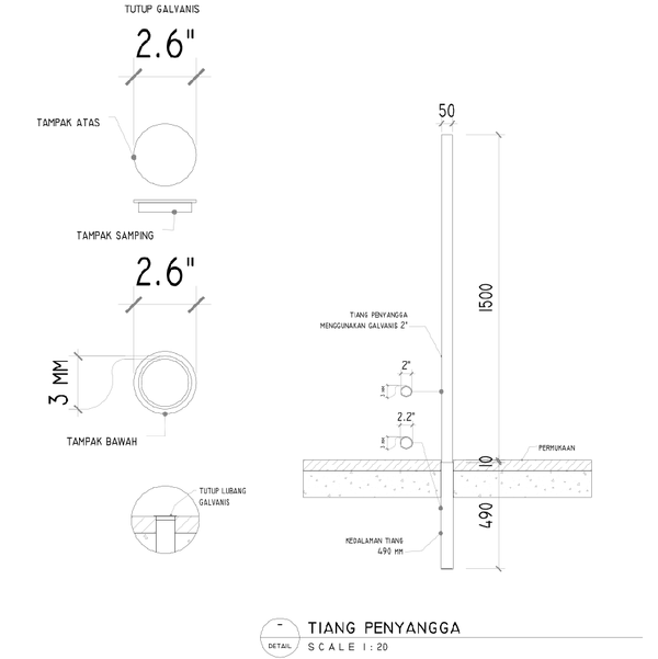 Galvanized Support Pole Detail Drawing With Dimensions AutoCAD