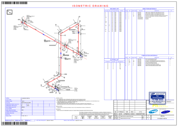 Isometric Piping DWG with Pipe Lengths, Valve Layout, and Weld Details