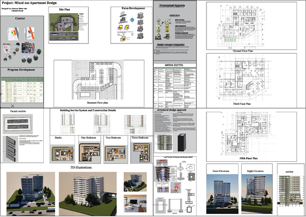 Mixed Use Apartment Architectural Plan with Parking Layout and 3D View
