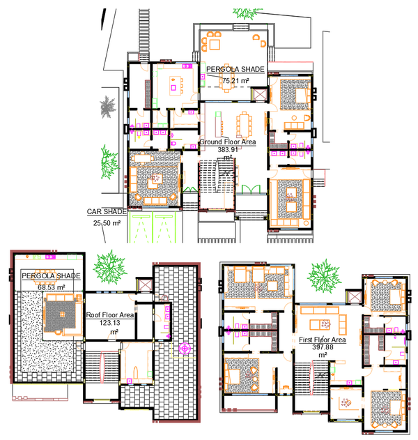 Modern residential CAD plan with 383.91 m² ground floor layout