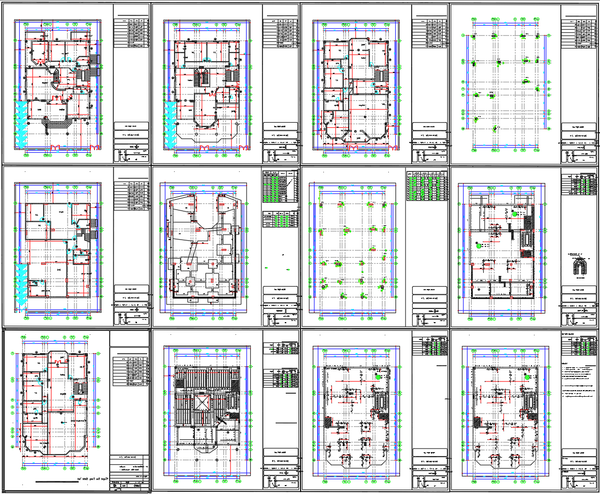 Multi-Floor Residential House Plan with Grid Dimensions and Columns