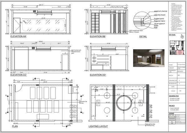 Pilates Studio Interior Layout with Elevation, Lighting, and Details