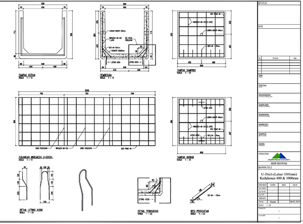 Precast U Ditch Drain 1000mm Width 800–1000mm Depth DWG file