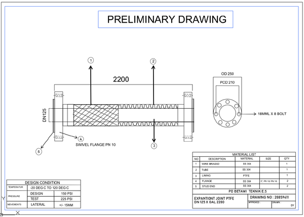 Preliminary Piping Layout DWG with 2200 mm Section and Flange Details