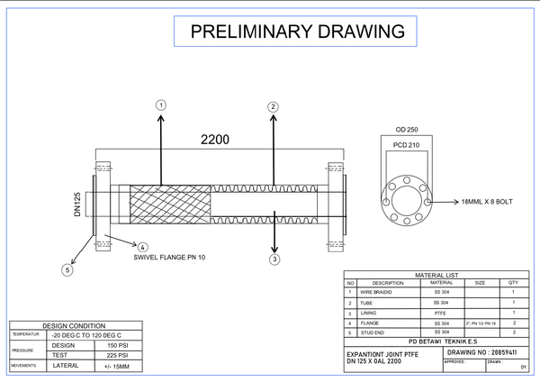 DN 125 PTFE Expansion Joint Drawing with OAL 2200 and PN10 Flange