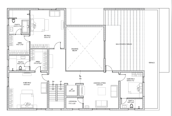 Residential First Floor Plan Drawing With Room Sizes And Layout