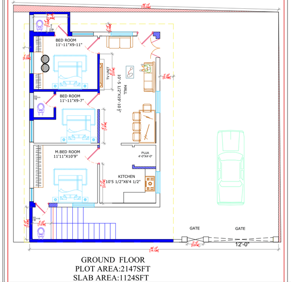 Residential Ground Floor Plan Drawing for 2147 Sqft Plot Area House