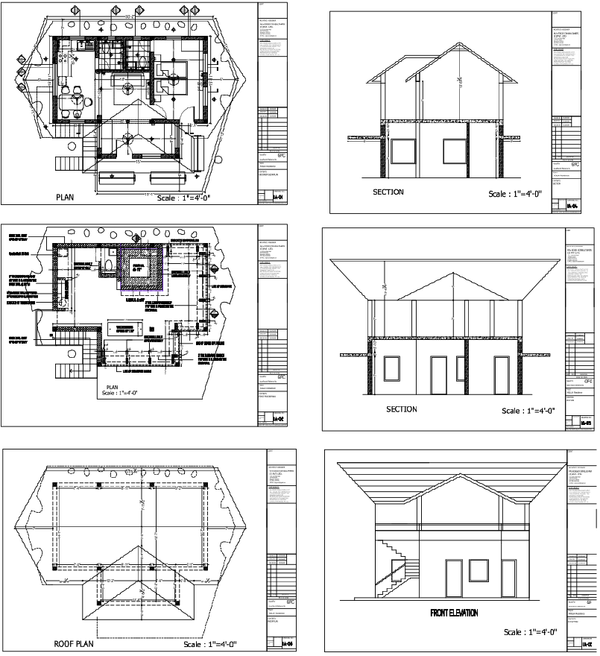 Residential House Plan Sections Elevation And Roof Layout DWG