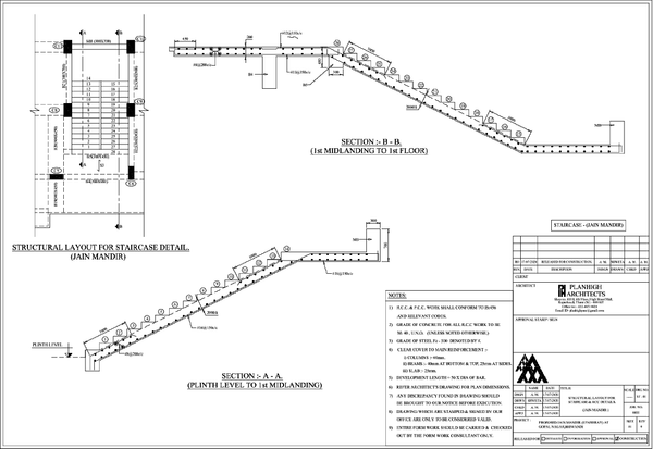 Structural Staircase Layout DWG with RCC Sections for Jain Mandir