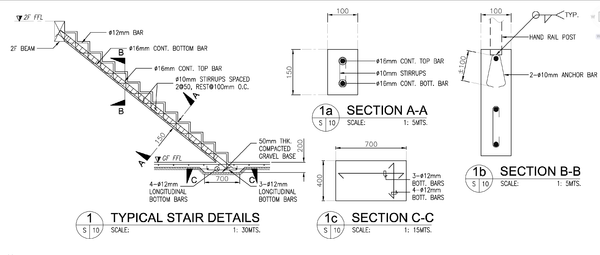 Typical RCC Staircase Reinforcement Section and Detail Drawing AutoCAD