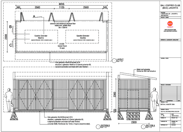 Waste Bin Enclosure Layout With Section And Elevation AutoCAD Drawing