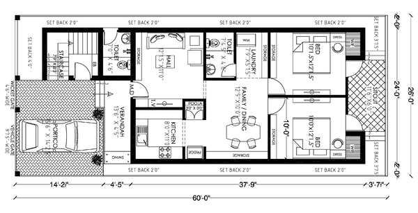 2 BHK Ground Floor House Plan AutoCAD Drawing with 60x26 Feet Size
