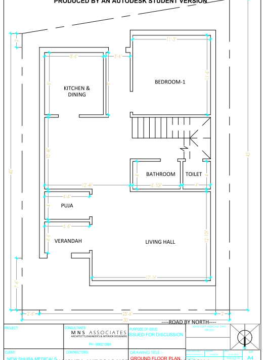 30x45 Ground Floor House Plan with Living Hall Kitchen Layout