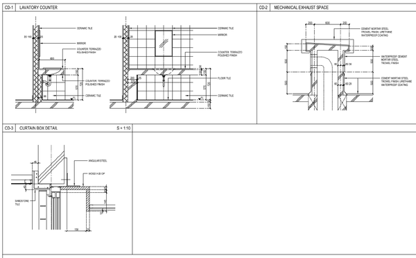 Bathroom detail drawings with lavatory counter exhaust curtain box
