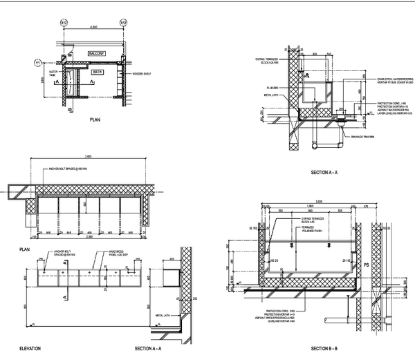 Bathroom Water Tank Section Detail With Balcony And Shelves DWG