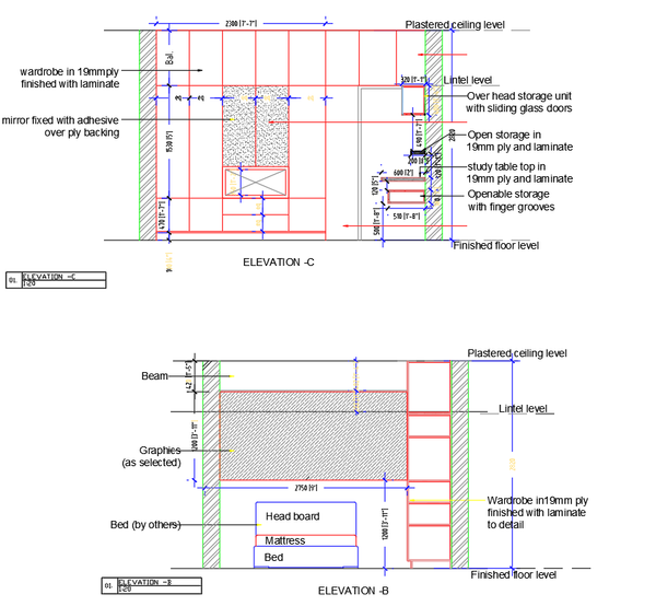 Bedroom Furniture Section Drawing with Wardrobe, Beds detail dwg
