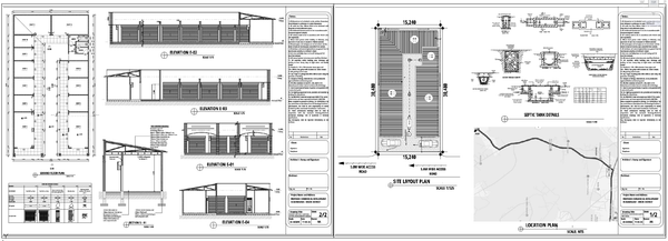 Commercial Shops Ground Floor Plan with Elevations and Section Drawing