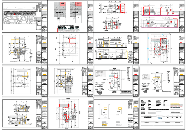 Detailed Residential Building Plans with Floor Layouts and Extensions