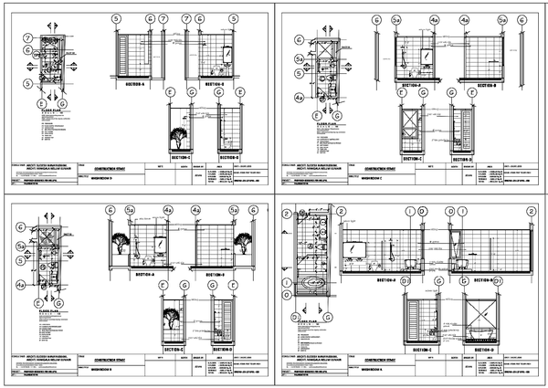 Detailed Washroom Layout with Section Views and Precise Measurements