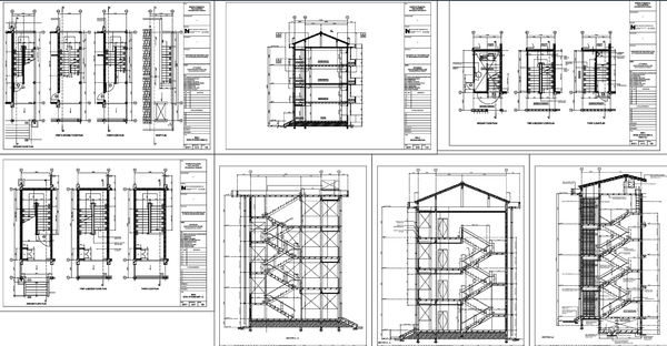 Multi Storey Staircase Design Drawing with Floor Plans and Sections