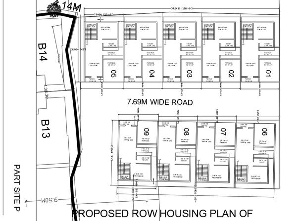 Proposed Row Housing Plan Drawing with 7.69m Wide Road Layout