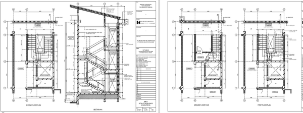 Staircase and Elevator Core Drawing with Floor Plans and Section