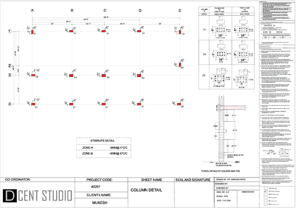 Structural Column Layout Drawing with Reinforcement and Spacing
