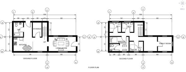 Two Storey Residential Floor Plan AutoCAD Drawing with Measurements