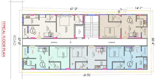 Typical Floor Plan 61x37 Apartments Layout AutoCAD DWG Files