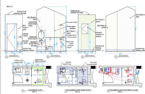 Bathroom Plumbing And Elevation Layout With Finishes AutoCAD