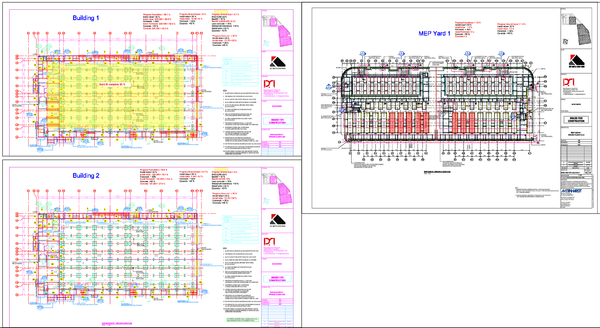 Building 1 and 2 Floor Plans with MEP Yard Layout and System Details