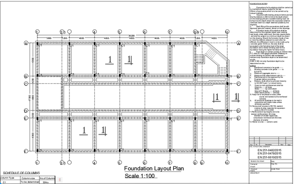 Foundation Layout Plan DWG with Column Grid and Structural Notes