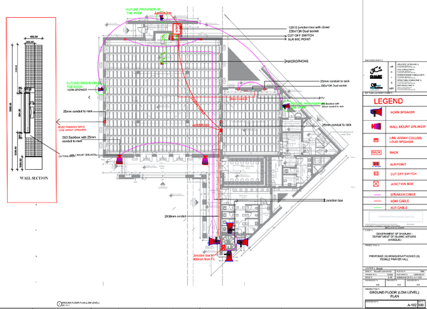 Ground Floor Mosque Audio Visual Speaker Layout With Cable Routing