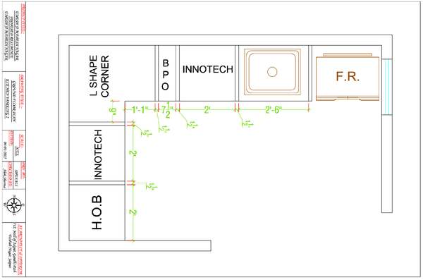 L Shape Kitchen Working Plan DWG with Dimensions and Appliance Layout
