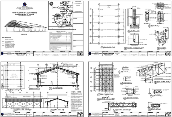 Multi-Purpose Building Structural Plan Roof Framing and Elevation