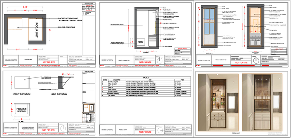 Pooja Unit and Foldable Seating Furniture Layout with Wall Elevation