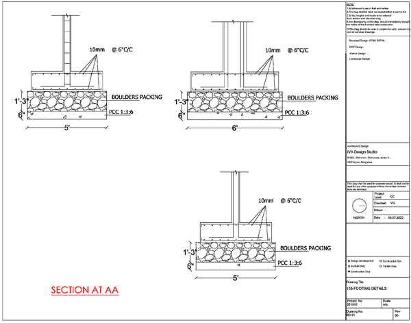 RCC Footing Section Detail DWG with PCC and Boulders Packing