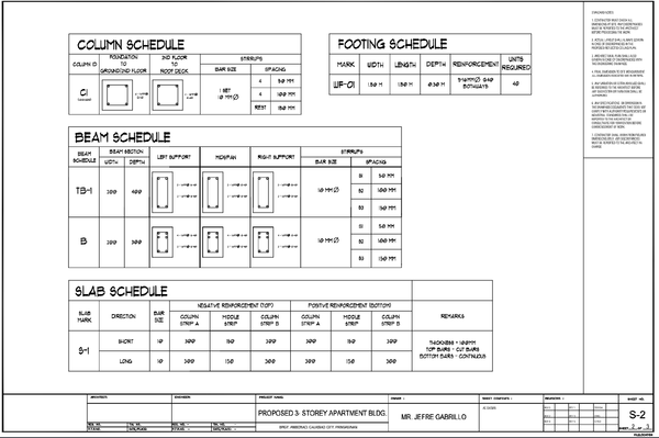 Structural RCC Schedule DWG with Column Beam, Slab, and Footing