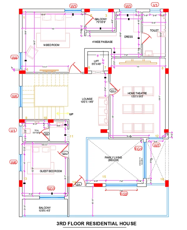 3rd Floor House Layout Plan 6000 Grid Residential Drawing DWG Files