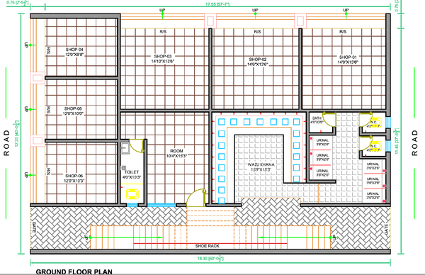 40x60 Masjid Ground Floor Plan With Shops And Wazu Khana dwg files