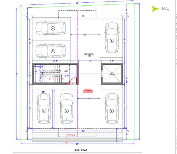 50x58 Feet Parking Layouts Plans With 6 Car Space, And Ramps.